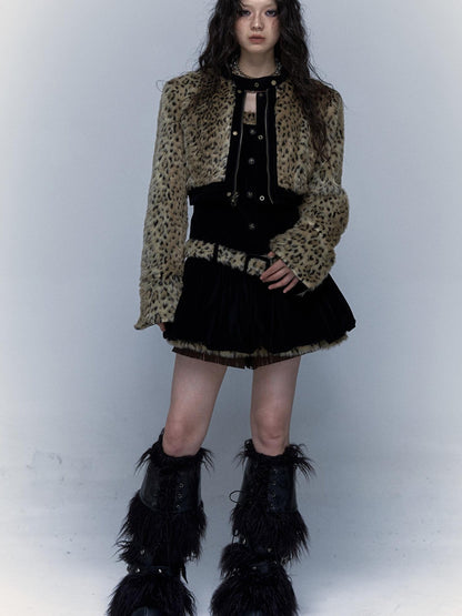 Vintage Punk Detachable Short Jacket with Leopard Fur Coat