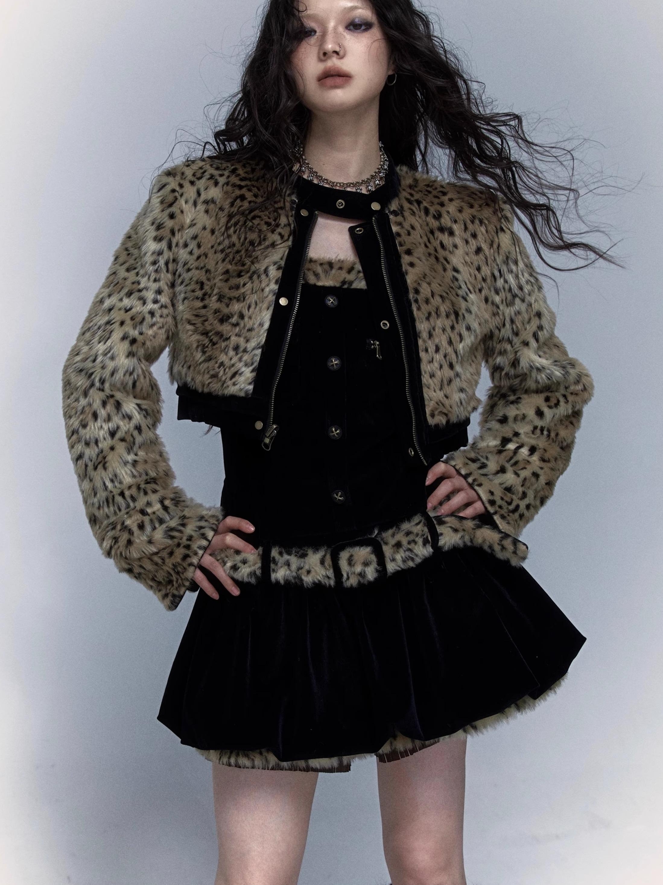 Vintage Punk Detachable Short Jacket with Leopard Fur Coat