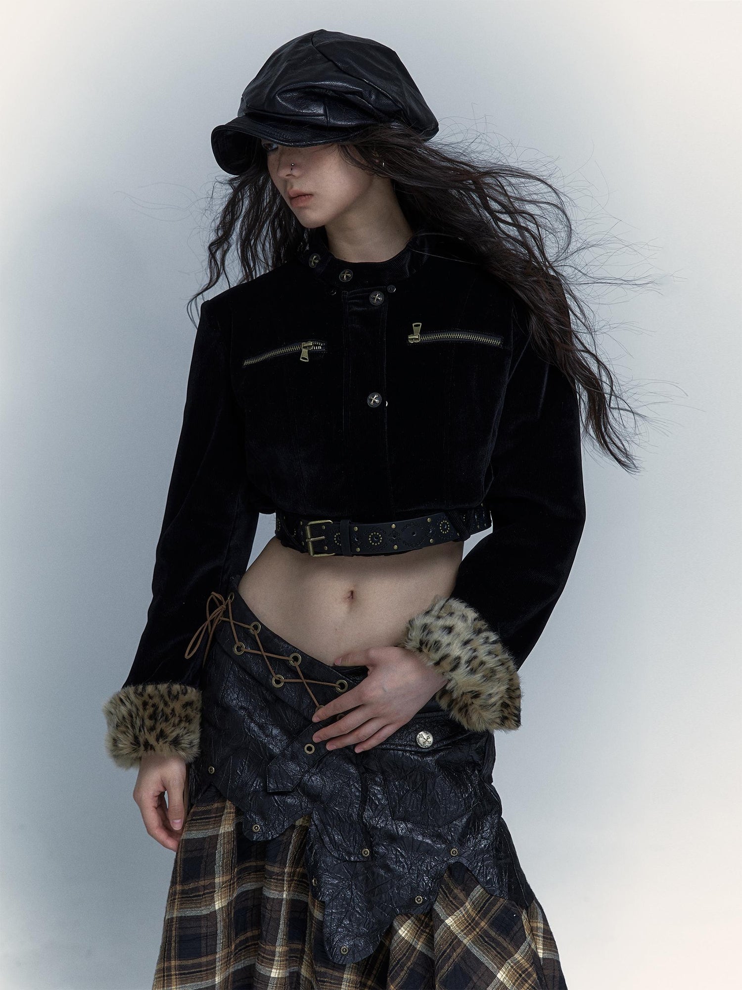 Vintage Punk Detachable Short Jacket with Leopard Fur Coat