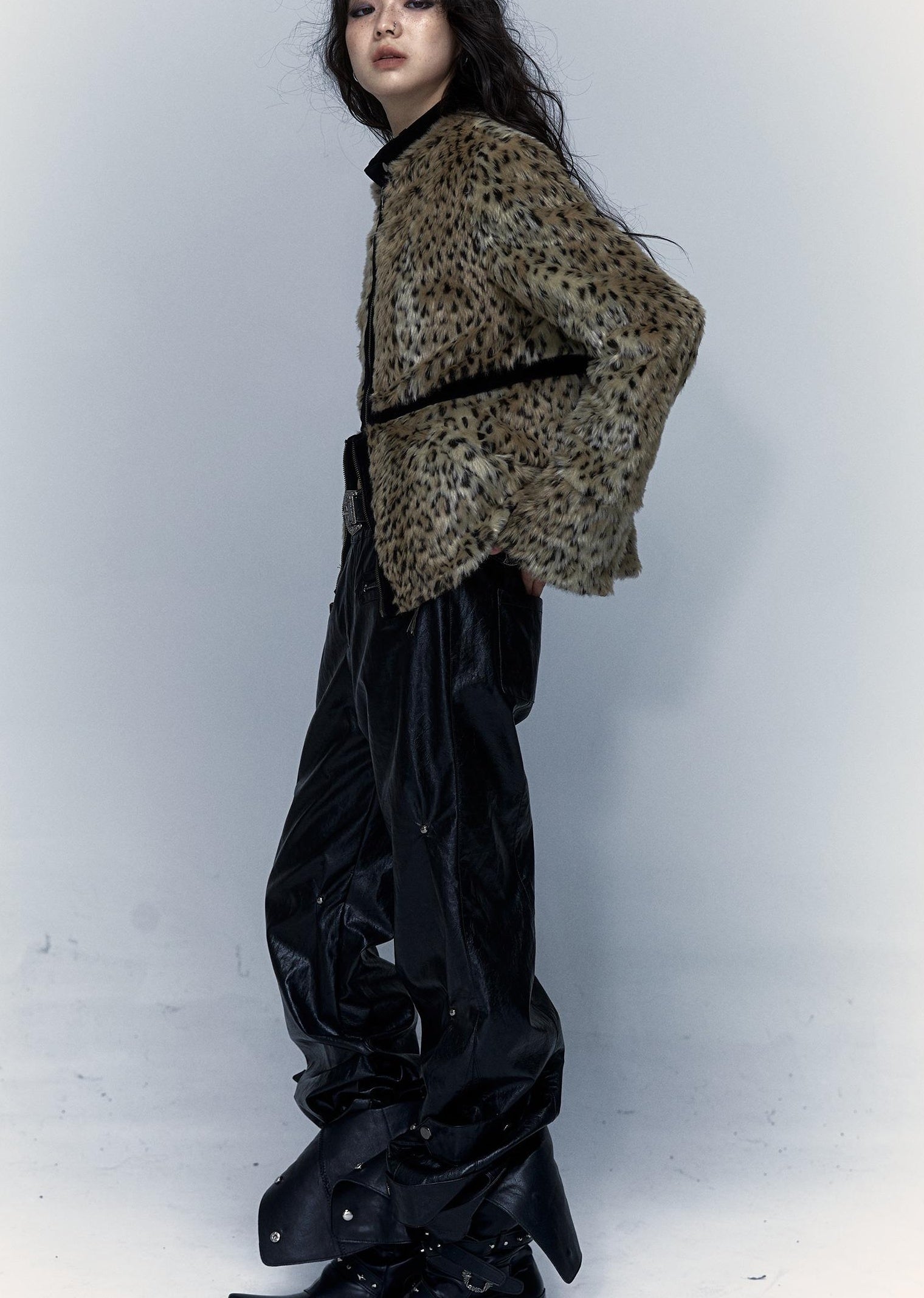 Vintage Punk Detachable Short Jacket with Leopard Fur Coat