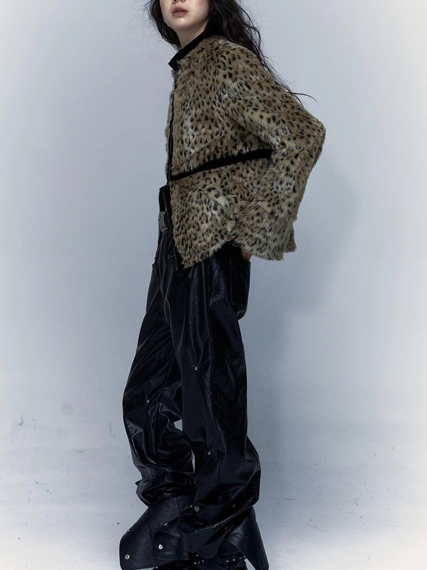 Vintage Punk Detachable Short Jacket With Leopard Fur Coat
