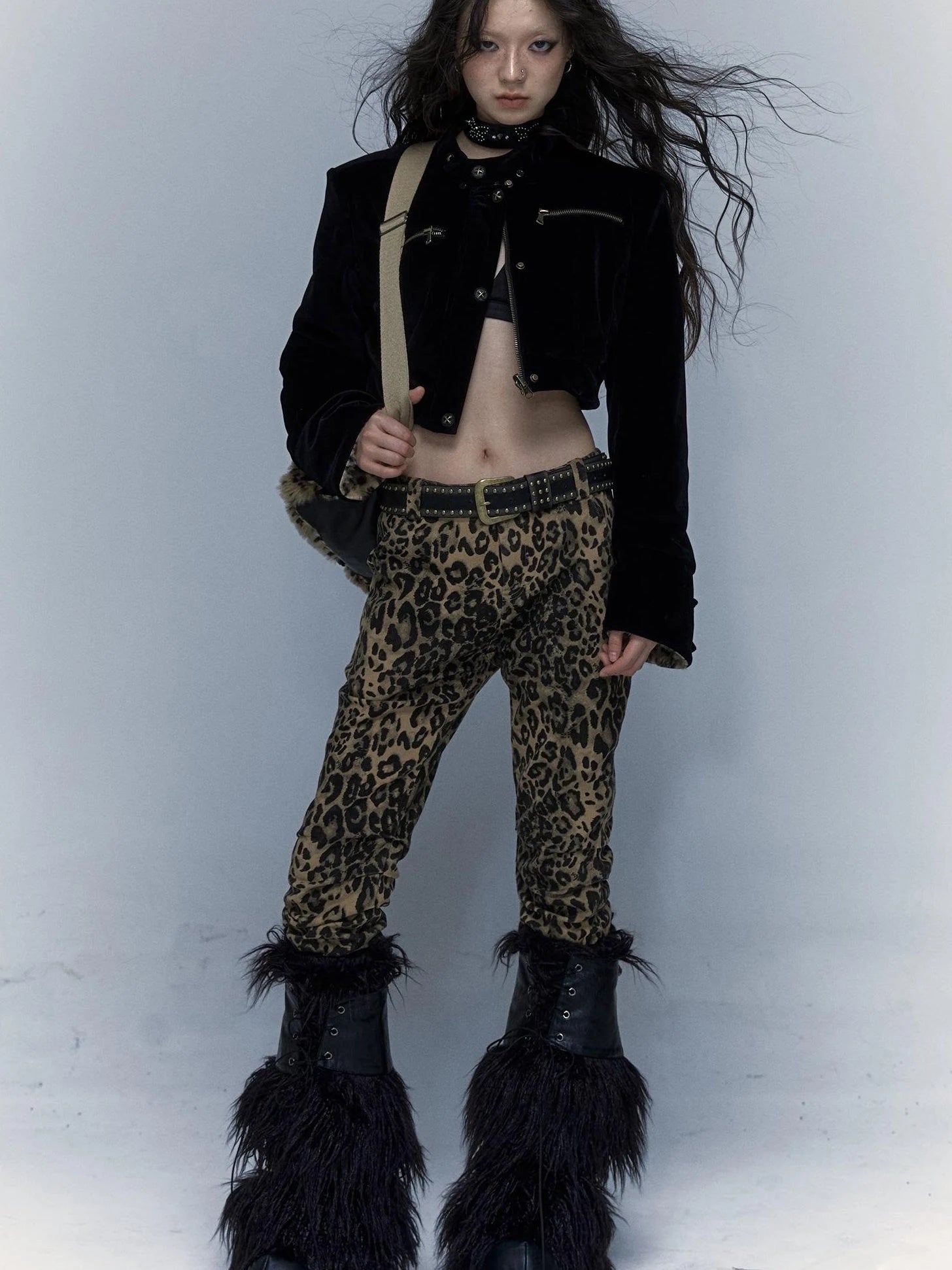 Vintage Punk Detachable Short Jacket With Leopard Fur Coat