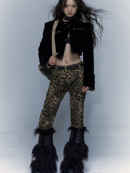 Vintage Punk Detachable Short Jacket with Leopard Fur Coat