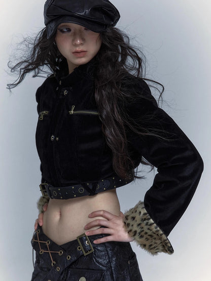 Vintage Punk Detachable Short Jacket With Leopard Fur Coat