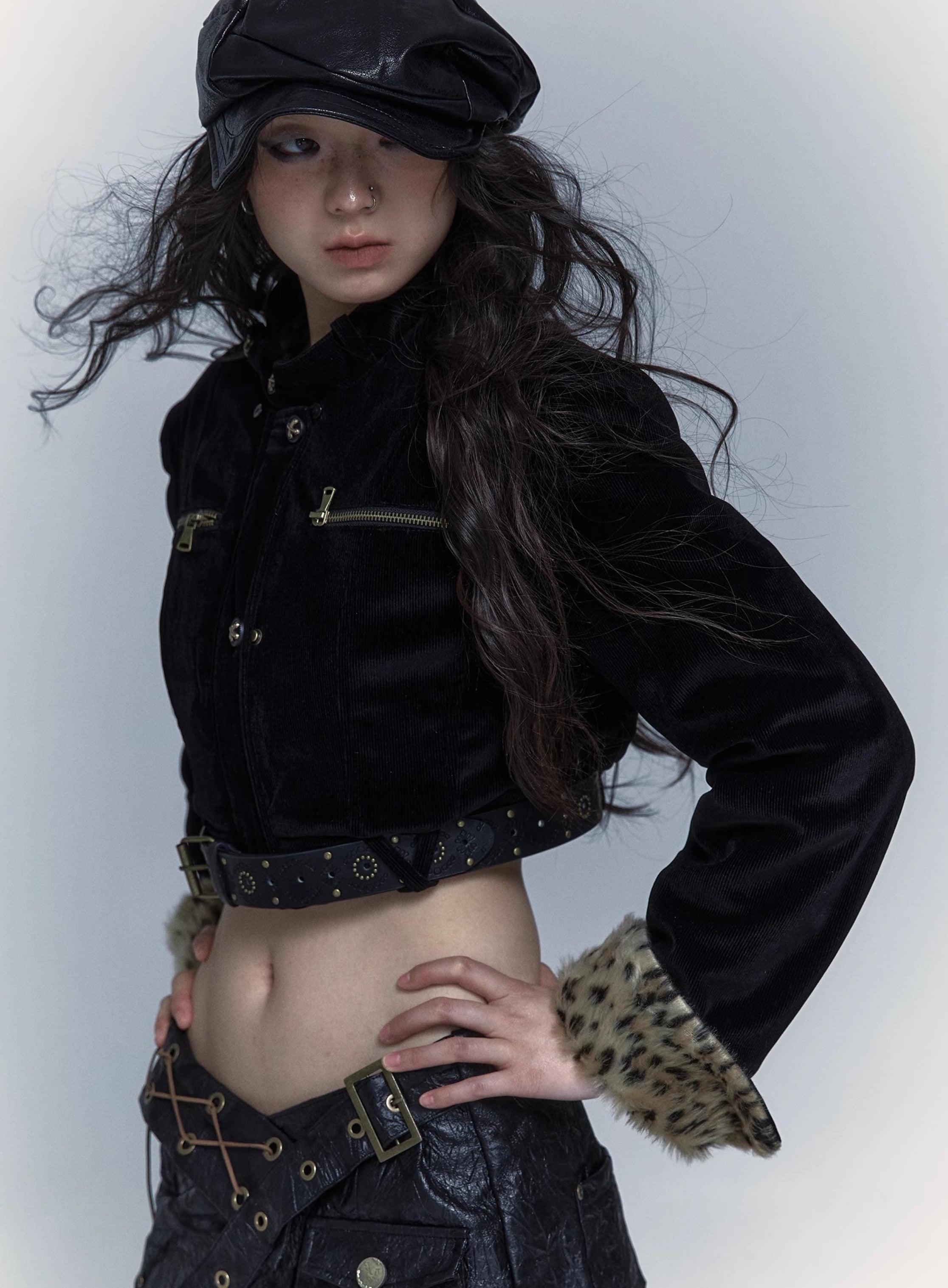 Vintage Punk Detachable Short Jacket with Leopard Fur Coat
