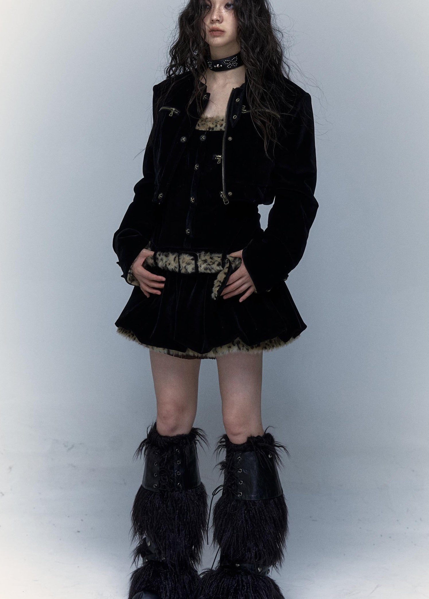Vintage Punk Detachable Short Jacket with Leopard Fur Coat