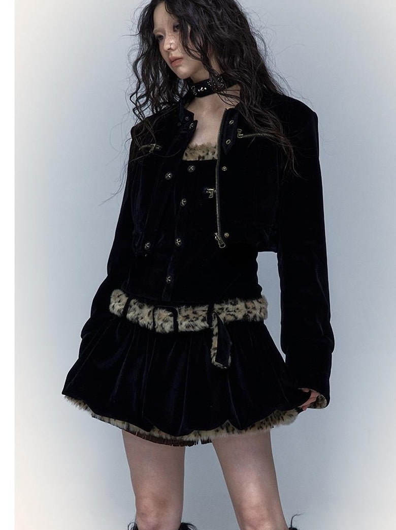 Vintage Punk Detachable Short Jacket with Leopard Fur Coat