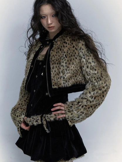 Vintage Punk Detachable Short Jacket With Leopard Fur Coat