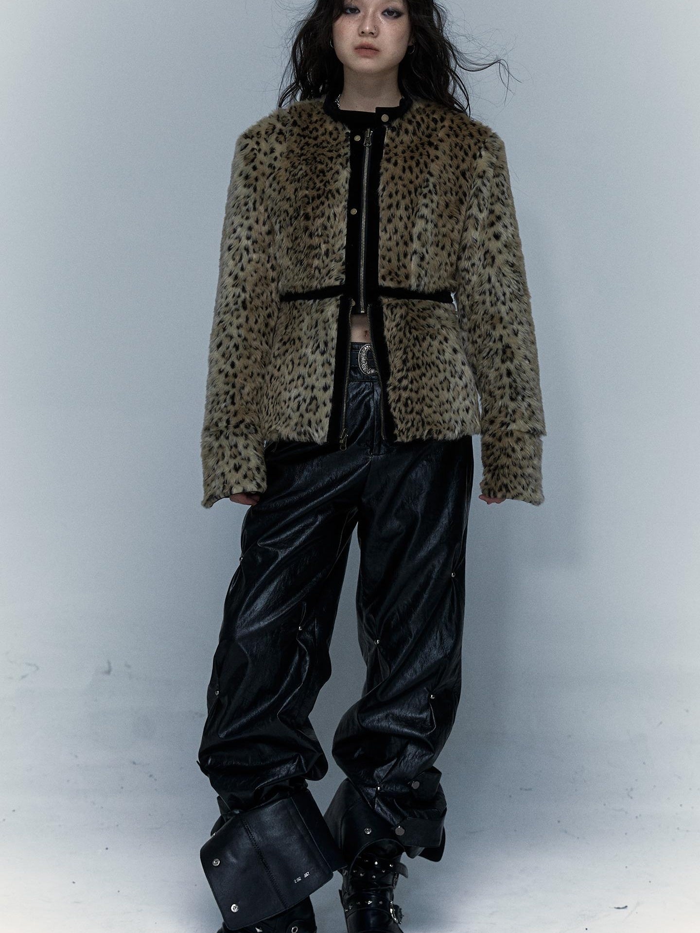 Vintage Punk Detachable Short Jacket with Leopard Fur Coat