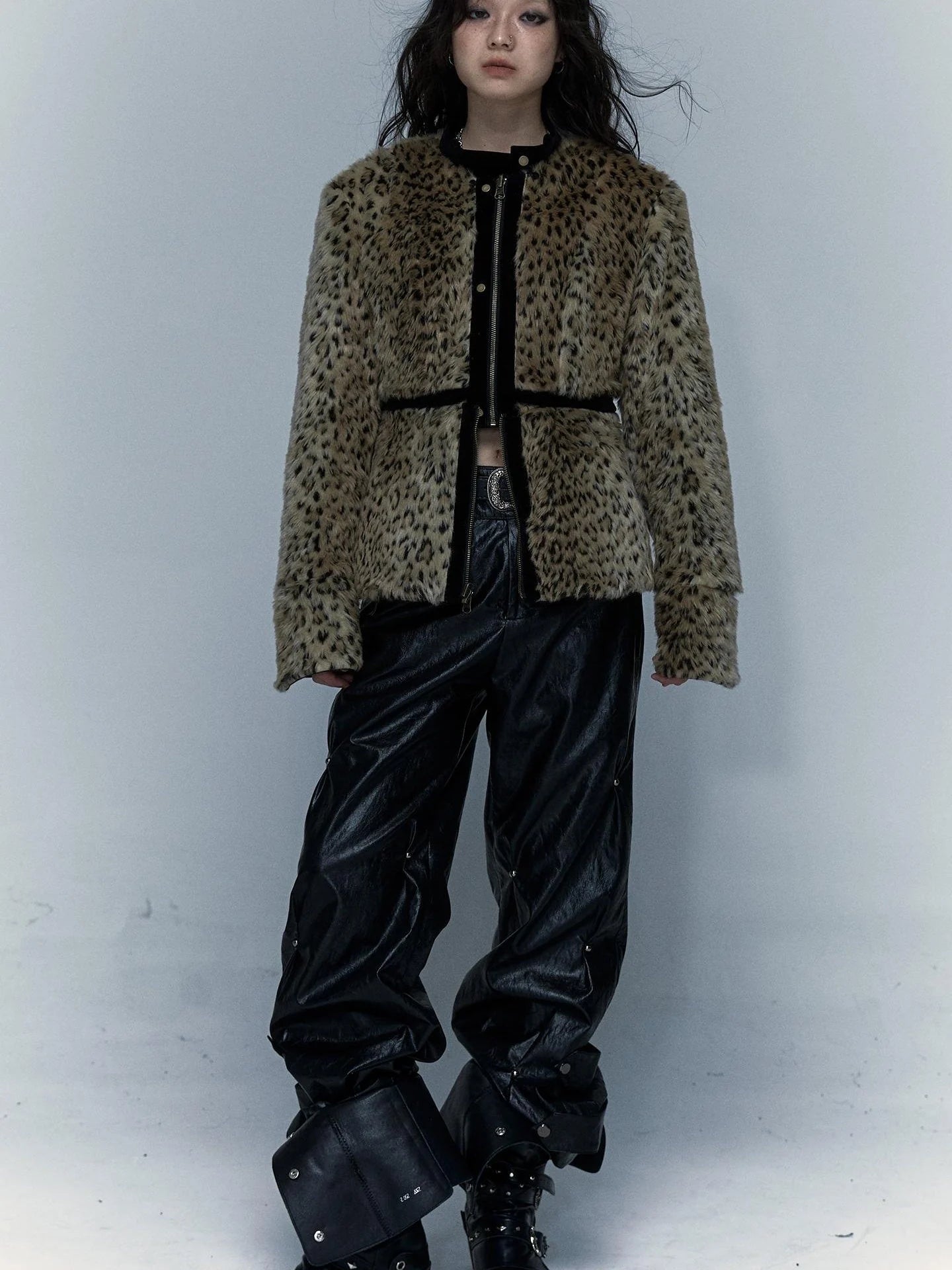 Vintage Punk Detachable Short Jacket With Leopard Fur Coat