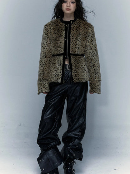 Vintage Punk Detachable Short Jacket With Leopard Fur Coat