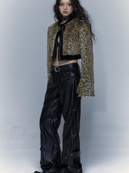 Vintage Punk Detachable Short Jacket with Leopard Fur Coat