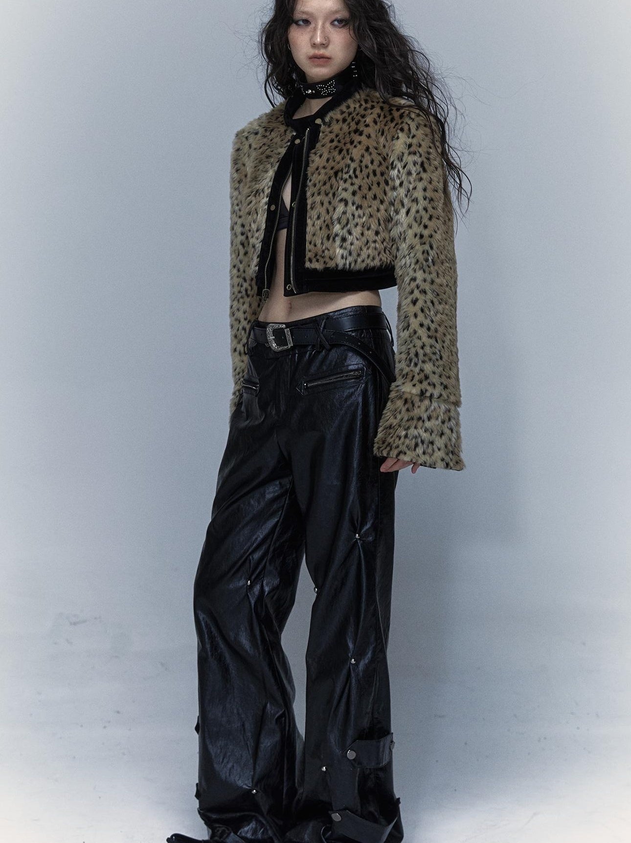 Vintage Punk Detachable Short Jacket with Leopard Fur Coat
