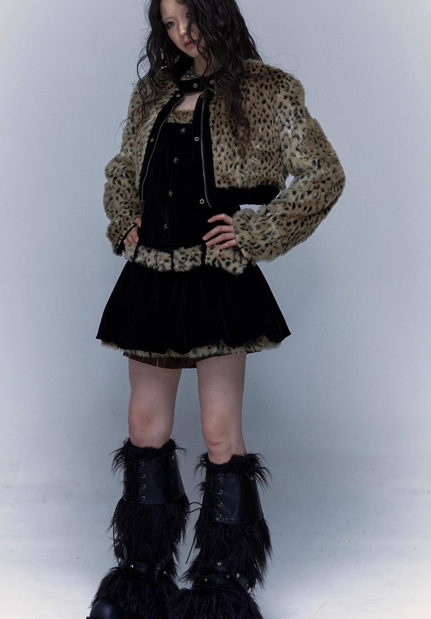 Vintage Punk Detachable Short Jacket with Leopard Fur Coat