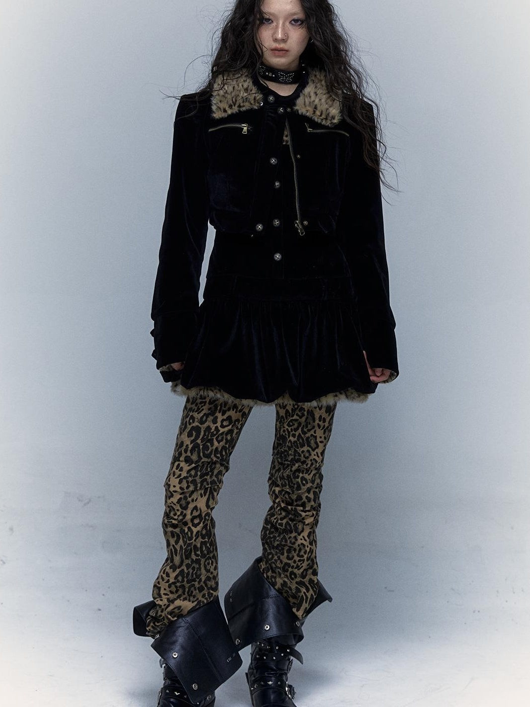 Vintage Punk Detachable Short Jacket with Leopard Fur Coat