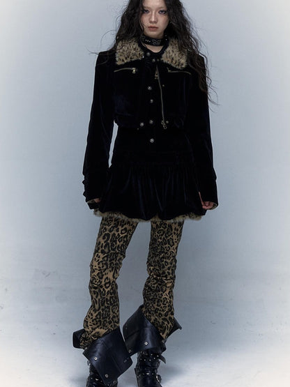 Vintage Punk Detachable Short Jacket with Leopard Fur Coat