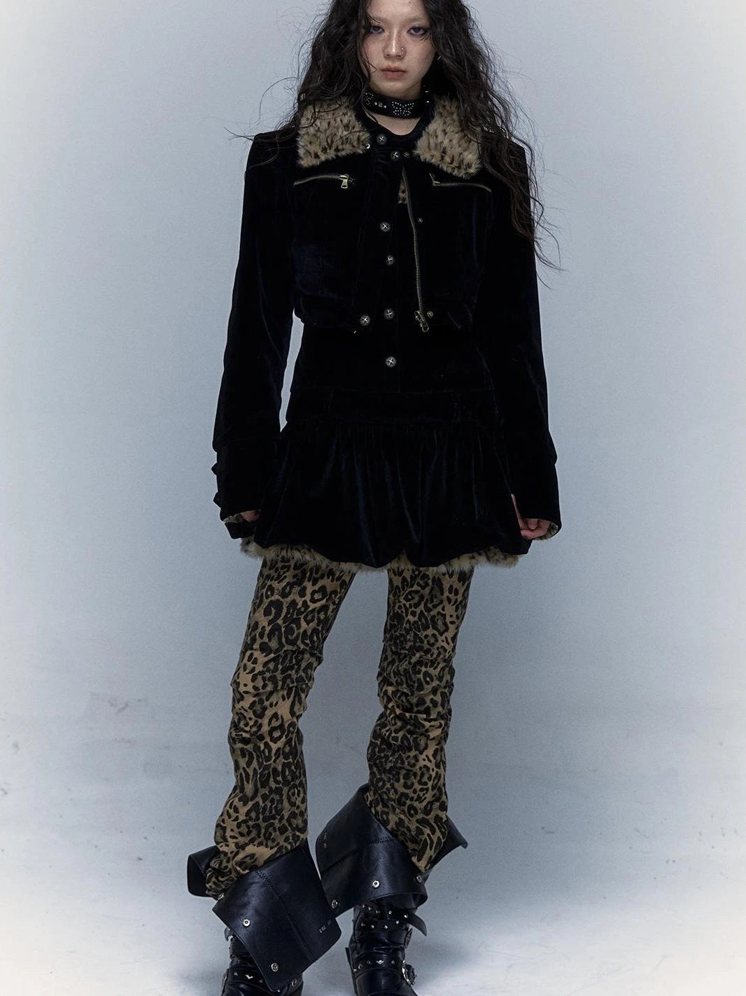 Vintage Punk Detachable Short Jacket With Leopard Fur Coat