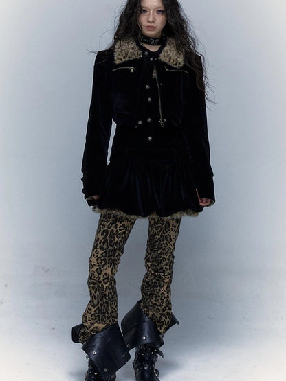 Vintage Punk Detachable Short Jacket With Leopard Fur Coat