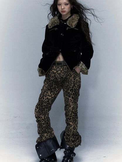 Vintage Punk Detachable Short Jacket With Leopard Fur Coat