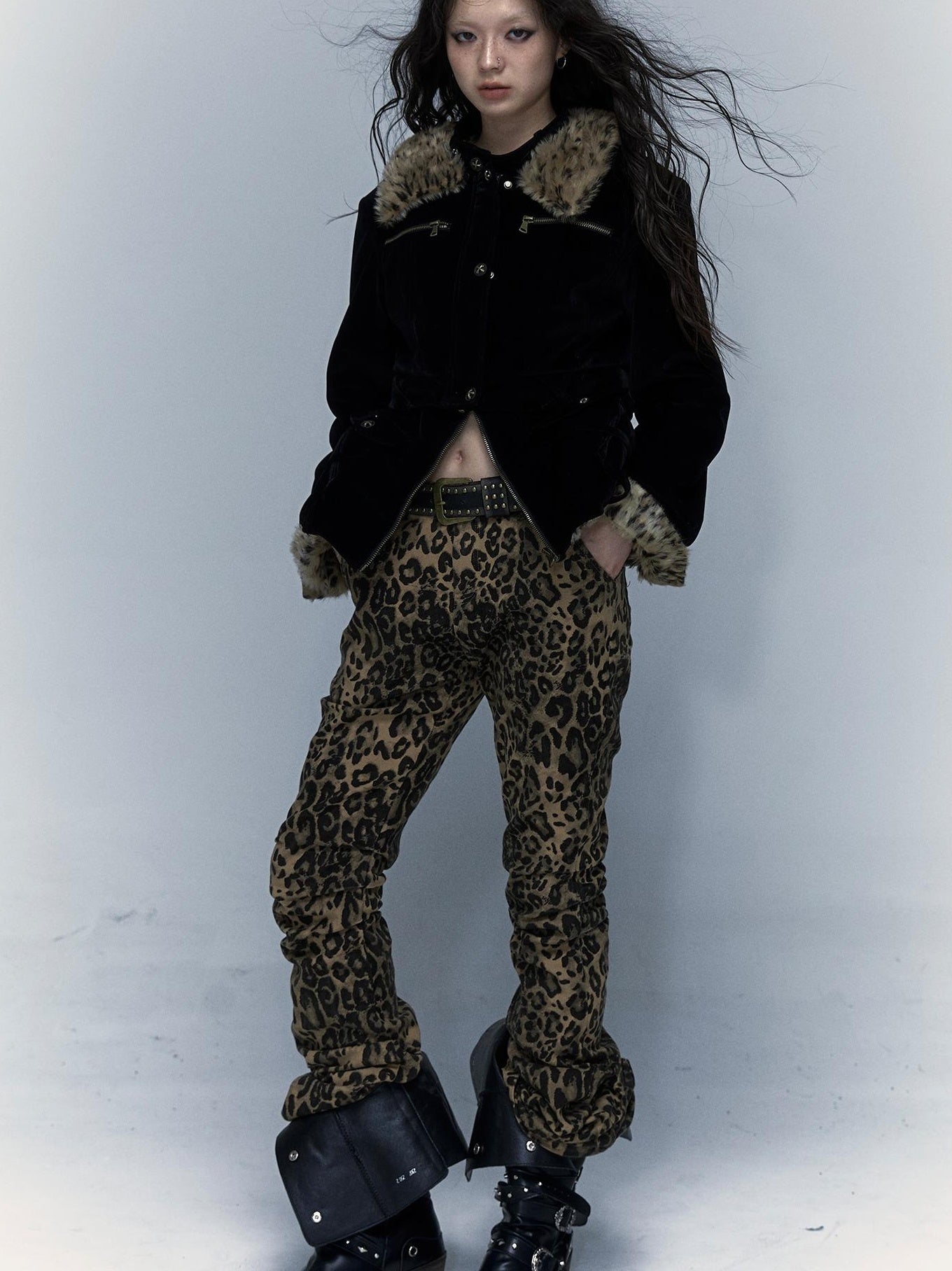 Vintage Punk Detachable Short Jacket with Leopard Fur Coat