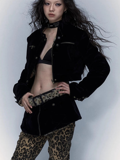 Vintage Punk Detachable Short Jacket With Leopard Fur Coat