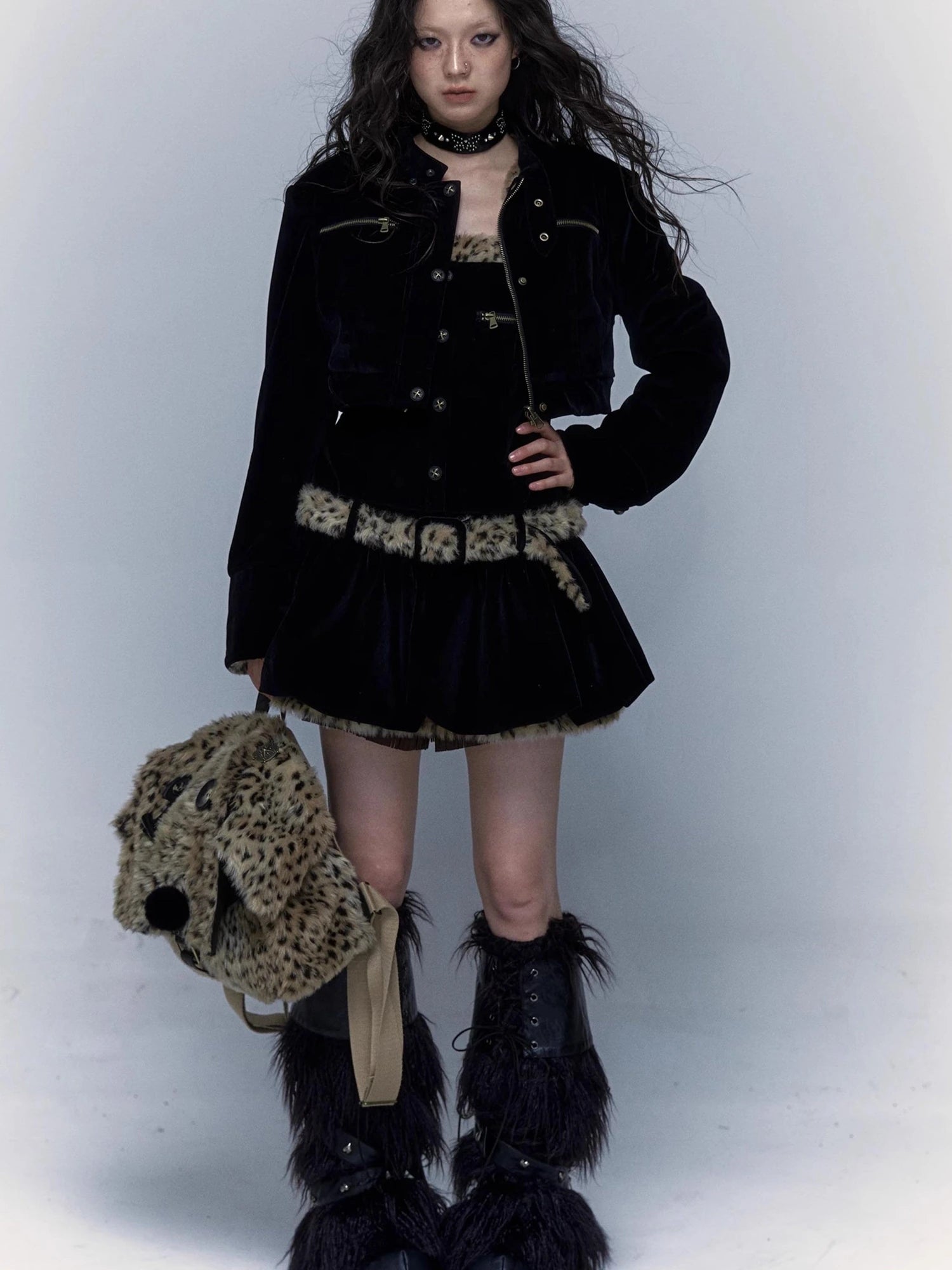 Vintage Punk Detachable Short Jacket With Leopard Fur Coat