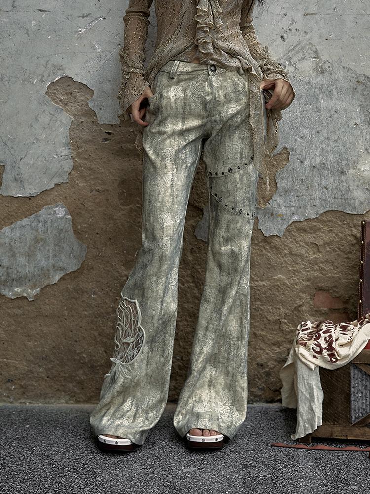 NO ROMANCE Vintage Punk Distressed Embroidered Rose Flared Pants Low-Rise Jeans