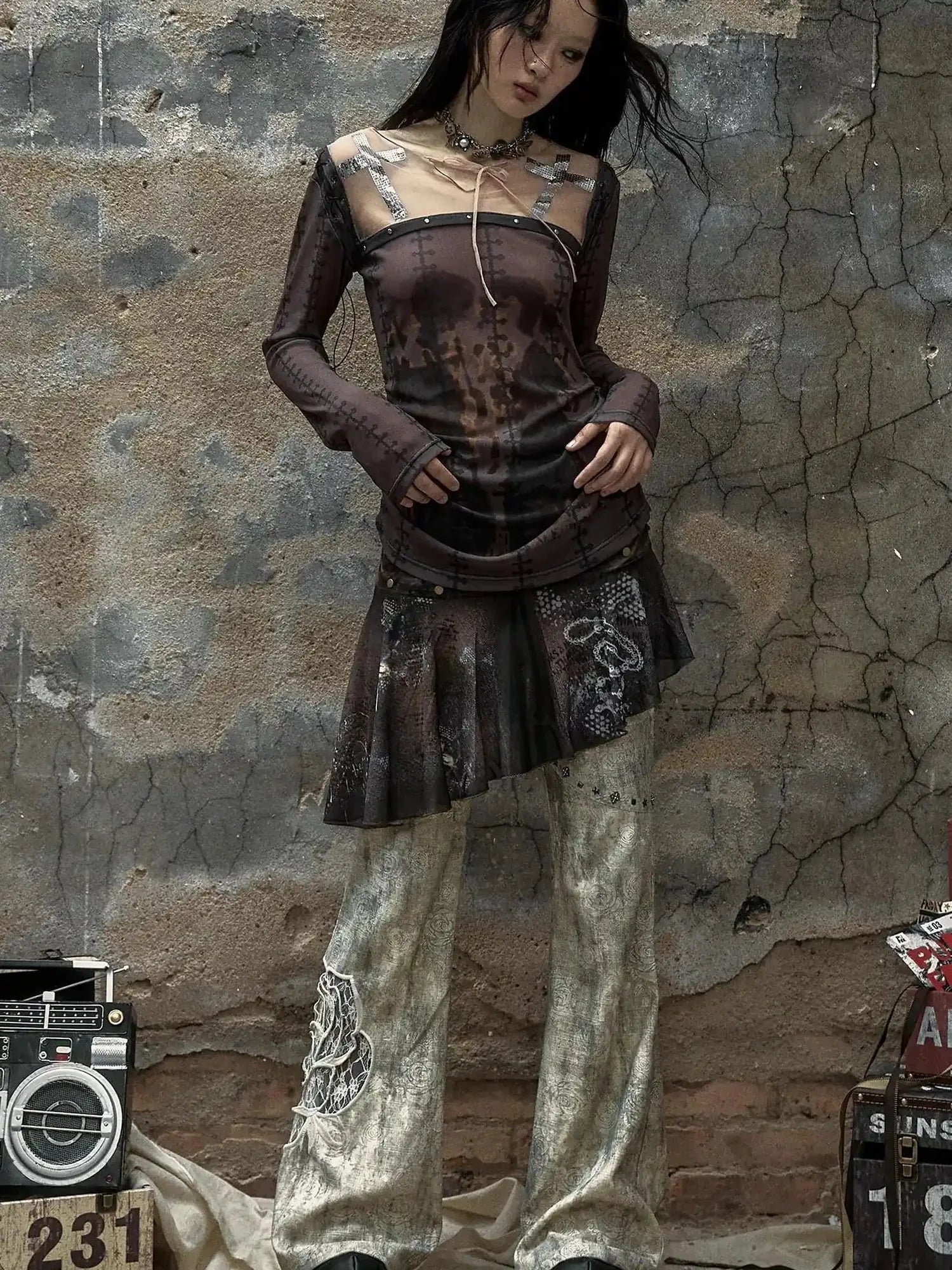 Vintage Punk Distressed Embroidered Rose Flared Pants Low-Rise Jeans