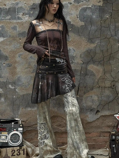 Vintage Punk Distressed Embroidered Rose Flared Pants Low-Rise Jeans