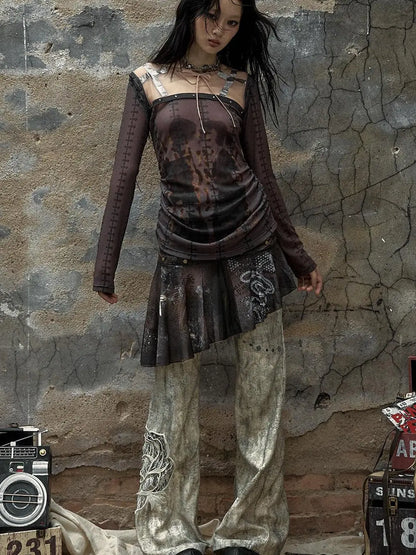 Vintage Punk Distressed Embroidered Rose Flared Pants Low-Rise Jeans