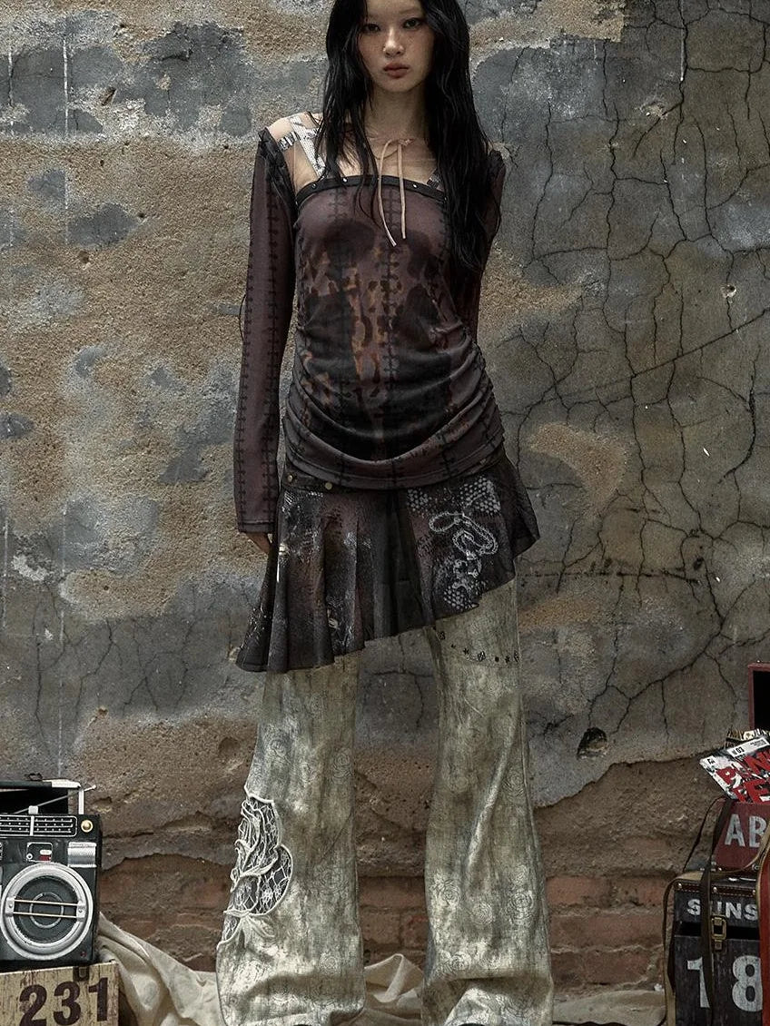 Vintage Punk Distressed Embroidered Rose Flared Pants Low-Rise Jeans