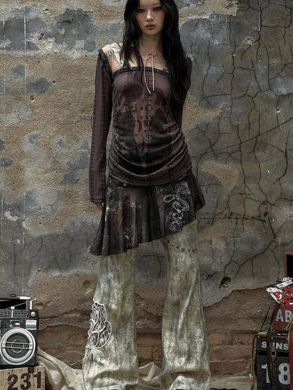 Vintage Punk Distressed Embroidered Rose Flared Pants Low-Rise Jeans