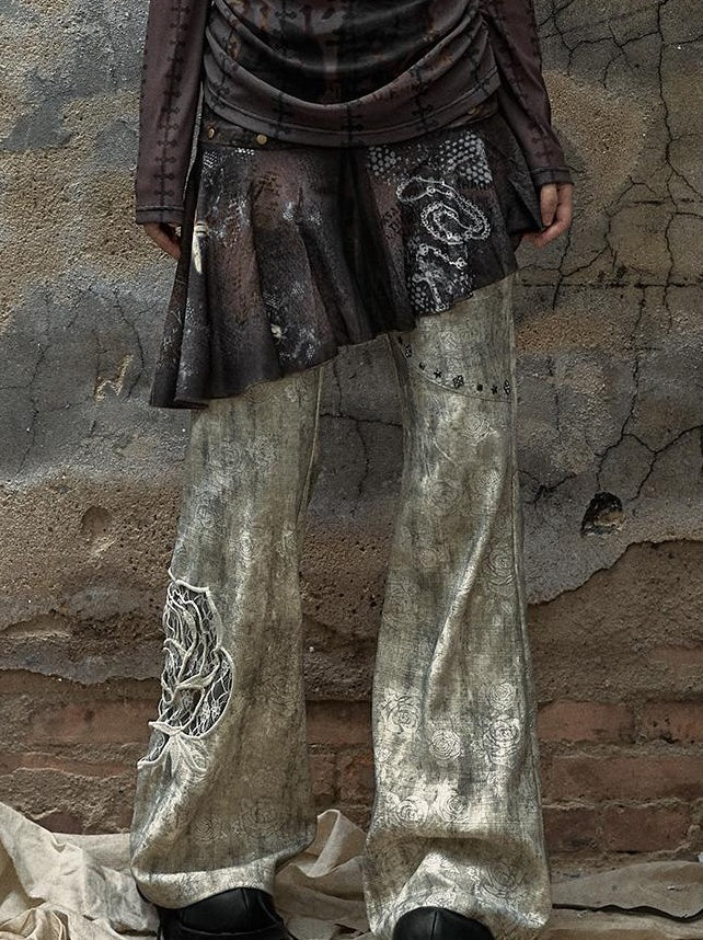NO ROMANCE Vintage Punk Distressed Embroidered Rose Flared Pants Low-Rise Jeans