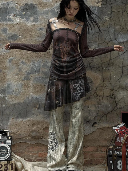 Vintage Punk Distressed Embroidered Rose Flared Pants Low-Rise Jeans