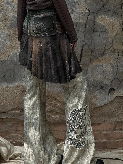 Vintage Punk Distressed Embroidered Rose Flared Pants Low-Rise Jeans