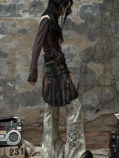 Vintage Punk Distressed Embroidered Rose Flared Pants Low-Rise Jeans