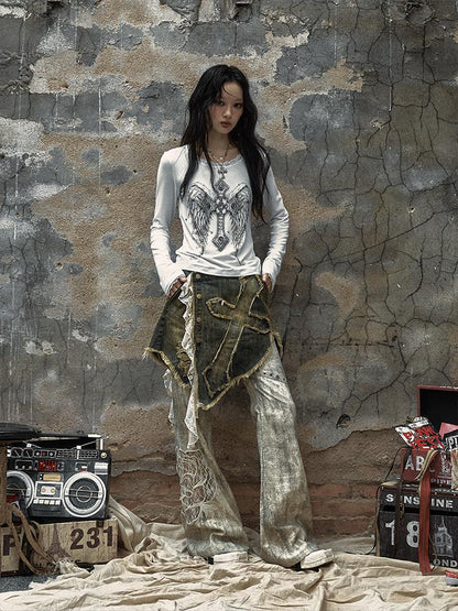NO ROMANCE Vintage Punk Distressed Embroidered Rose Flared Pants Low-Rise Jeans