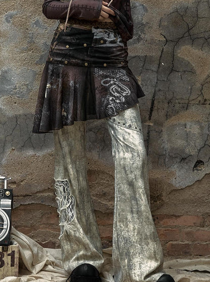 NO ROMANCE Vintage Punk Distressed Embroidered Rose Flared Pants Low-Rise Jeans
