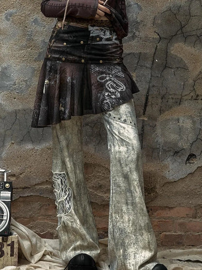 Vintage Punk Distressed Embroidered Rose Flared Pants Low-Rise Jeans