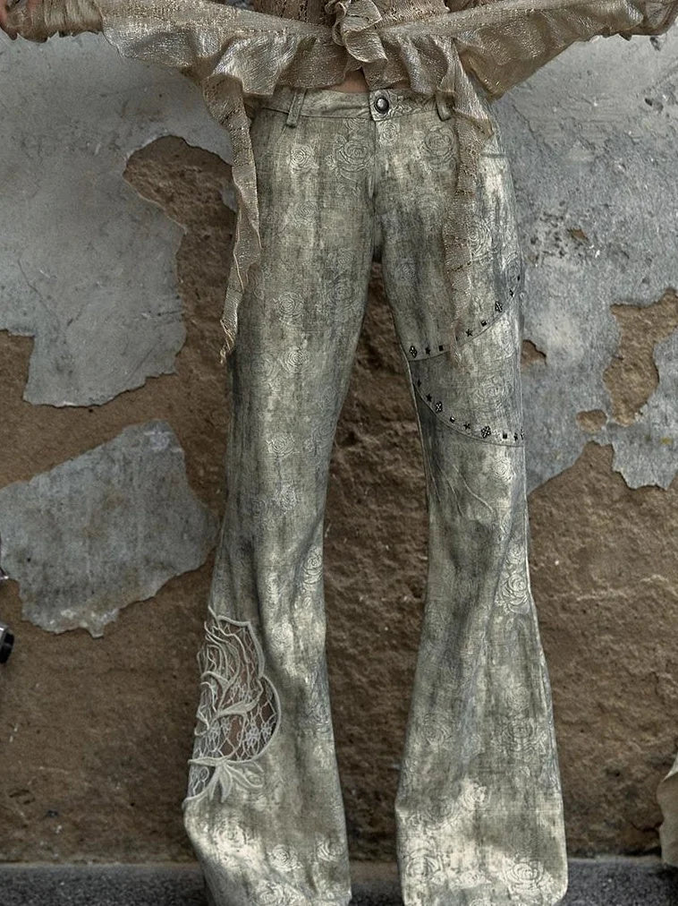 Vintage Punk Distressed Embroidered Rose Flared Pants Low-Rise Jeans