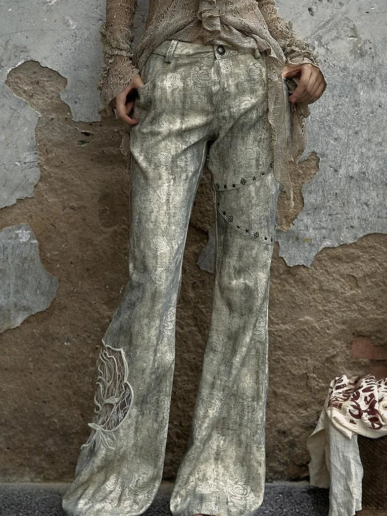 Vintage Punk Distressed Embroidered Rose Flared Pants Low-Rise Jeans