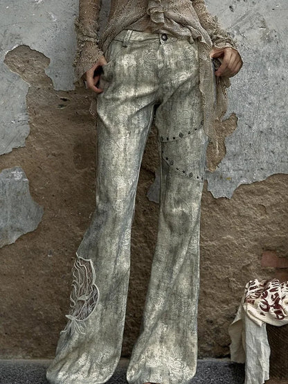 Vintage Punk Distressed Embroidered Rose Flared Pants Low-Rise Jeans