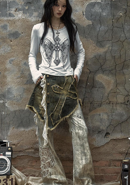 NO ROMANCE Vintage Punk Distressed Embroidered Rose Flared Pants Low-Rise Jeans