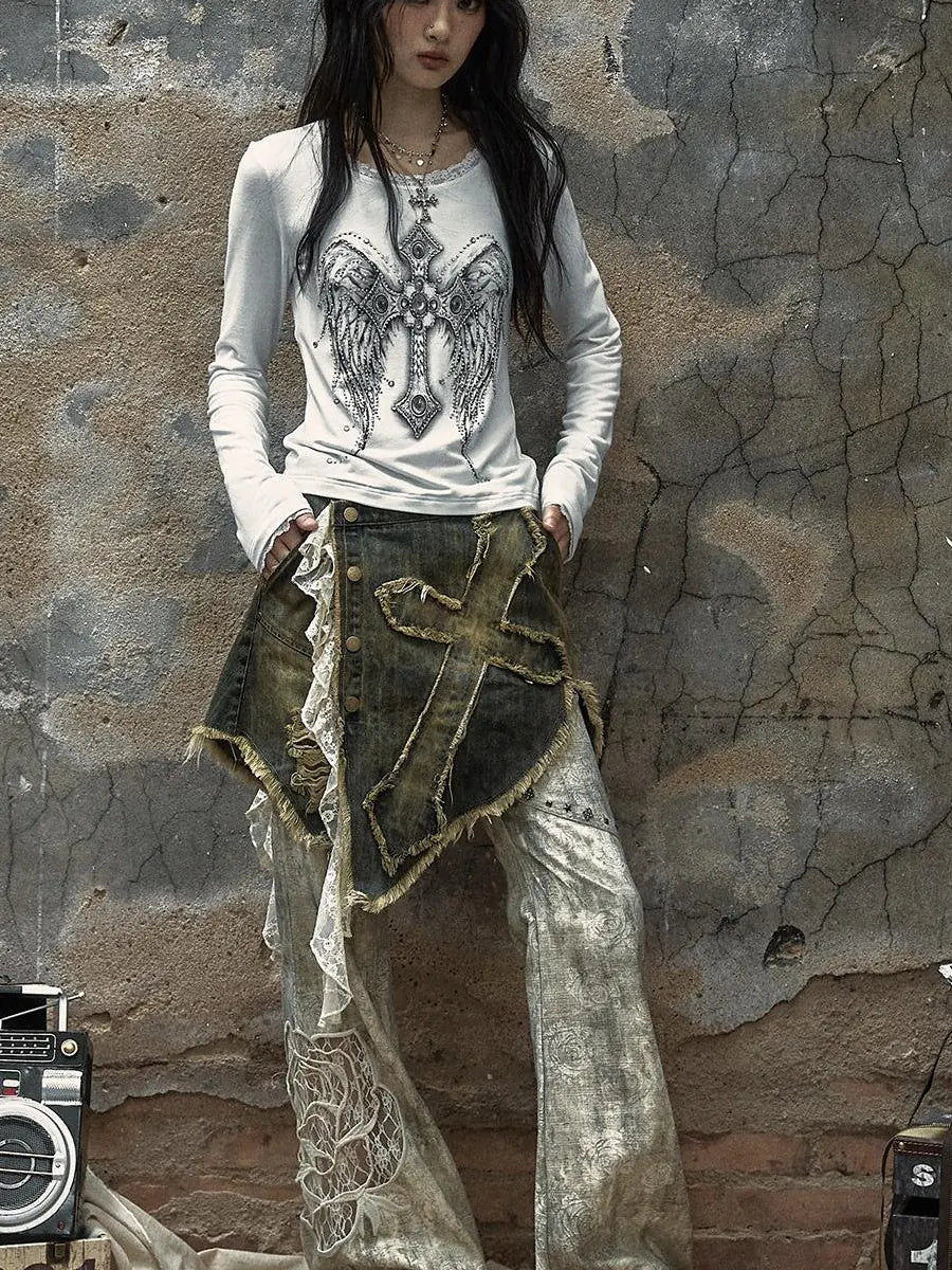 Vintage Punk Distressed Embroidered Rose Flared Pants Low-Rise Jeans