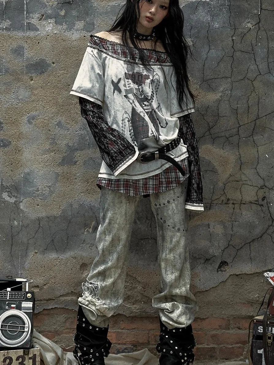 Vintage Punk Distressed Embroidered Rose Flared Pants Low-Rise Jeans