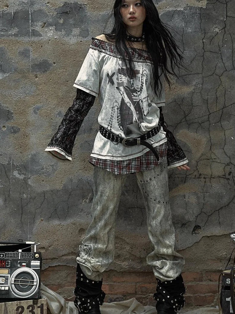 Vintage Punk Distressed Embroidered Rose Flared Pants Low-Rise Jeans