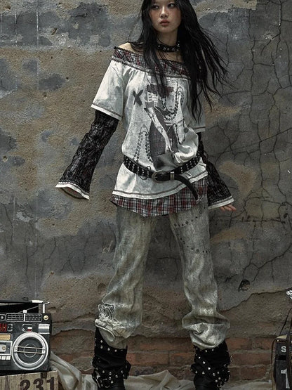 Vintage Punk Distressed Embroidered Rose Flared Pants Low-Rise Jeans