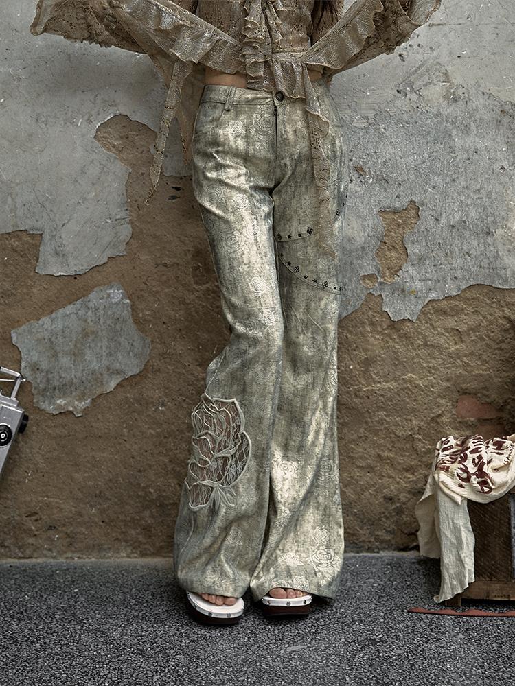 NO ROMANCE Vintage Punk Distressed Embroidered Rose Flared Pants Low-Rise Jeans