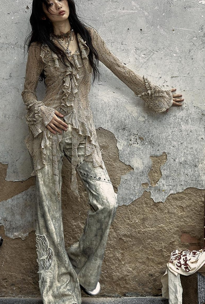 NO ROMANCE Vintage Punk Distressed Embroidered Rose Flared Pants Low-Rise Jeans