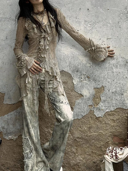 Vintage Punk Distressed Embroidered Rose Flared Pants Low-Rise Jeans